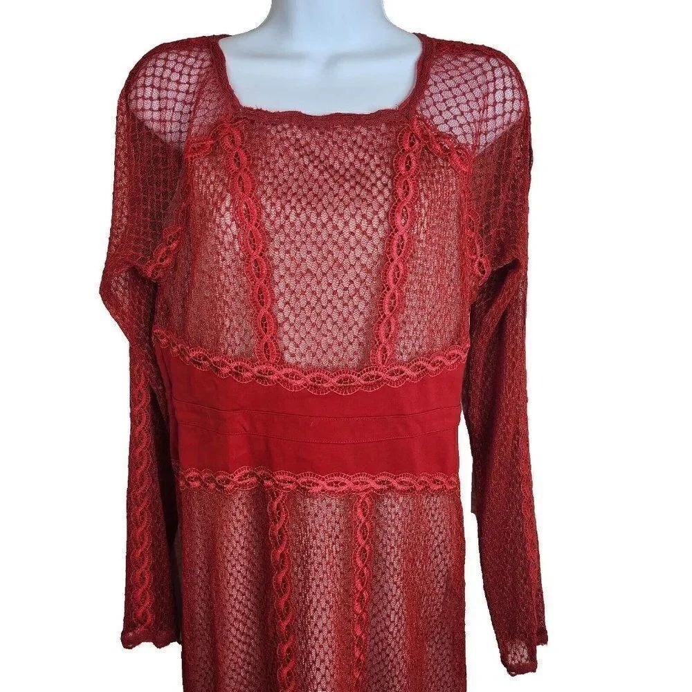 Free People Mesh Bodycon Lace Dress Size M Cherry Red Long Sleeve Mini